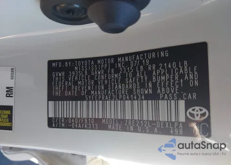 2020 Toyota Corolla Le from USA, damaged, VIN 5YFEPRAE2LP041434